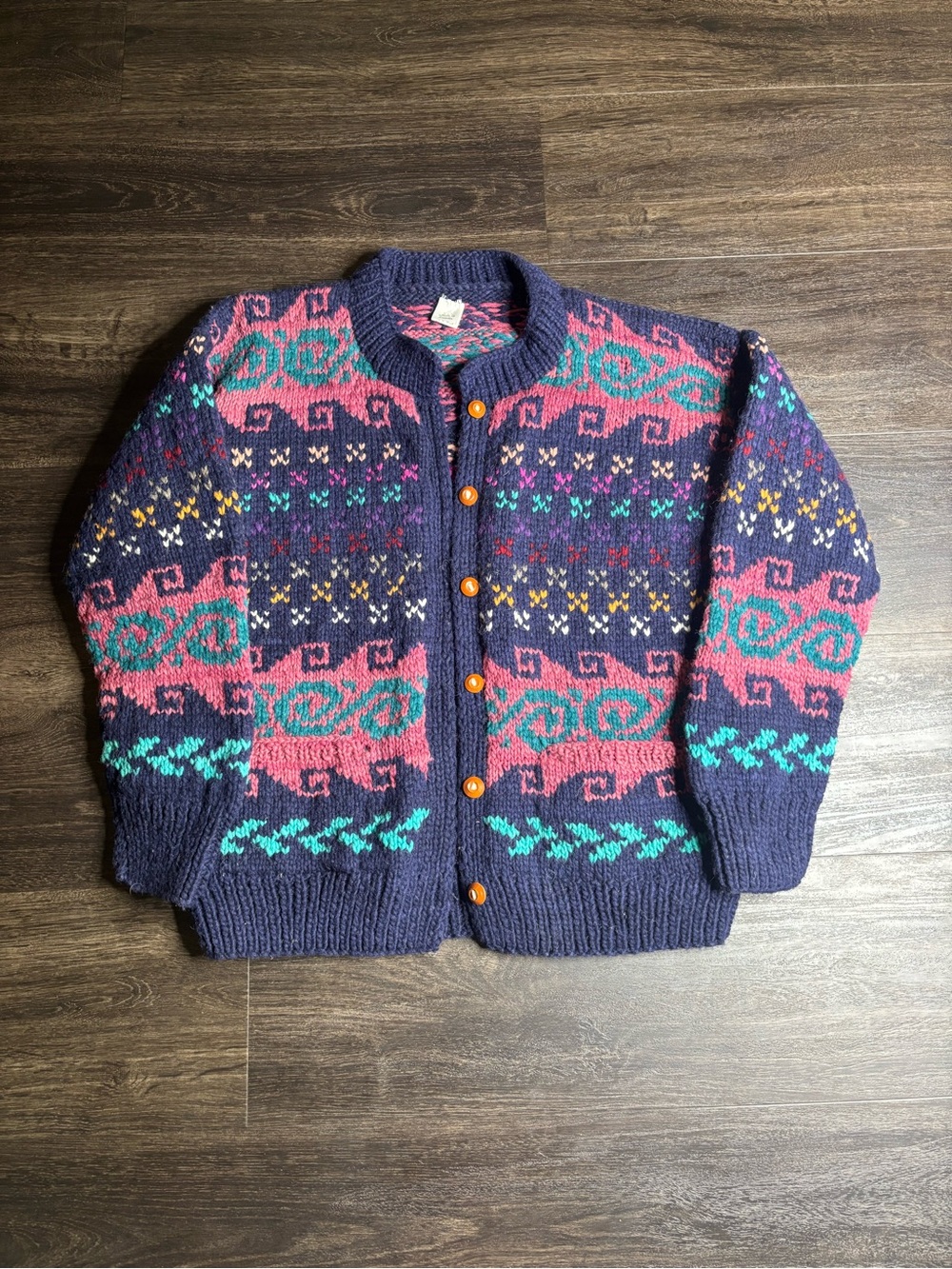 Women’s Vintage Y2K Wool Cardigan Hand Knit Sweater Made In Ecuador Pink Purple